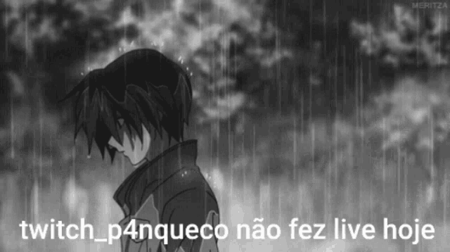 a black and white drawing of a boy in the rain with the caption twitch_p4nqueco