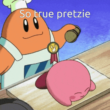 a cartoon character with the words so true pretzie on the bottom