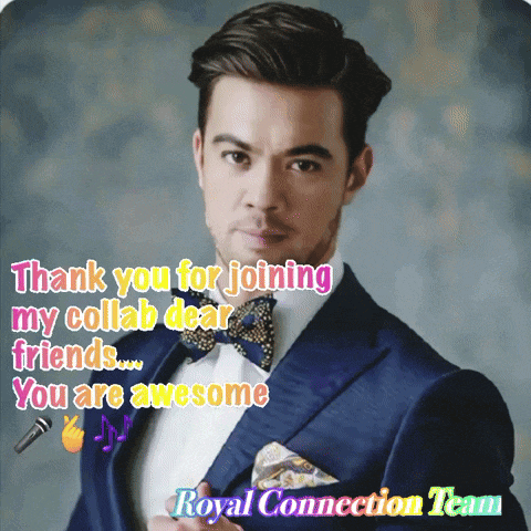 a man in a suit and bow tie says thank you for joining my collab dear friends you are awesome royal connection team
