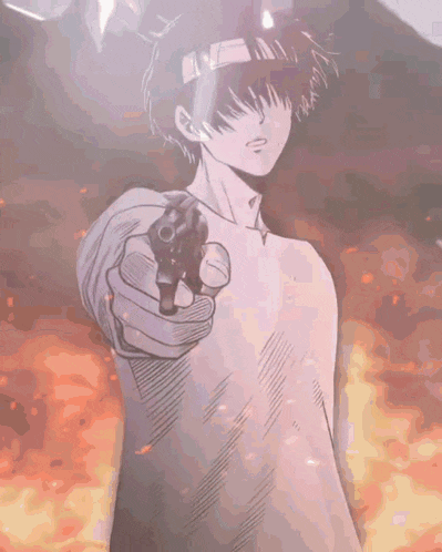 a drawing of a man pointing a gun at something