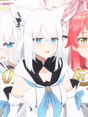 a girl with white hair and blue eyes is standing next to another girl