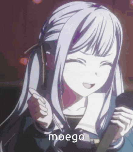 a girl with long white hair is singing into a microphone and the word moego is above her .