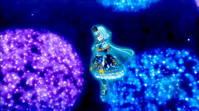 a girl in a blue dress is standing in front of a purple and blue background