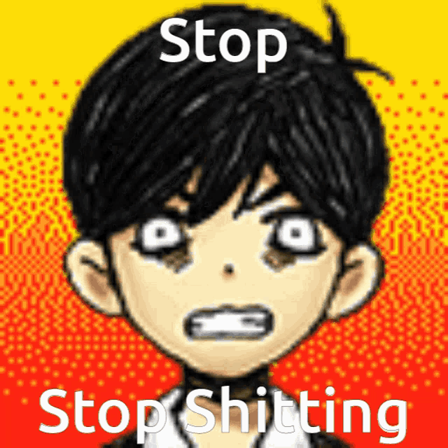 a pixel art of a boy with the words " stop shitting " written on it