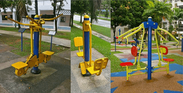 a collage of three pictures shows a yellow and blue exercise machine in a park