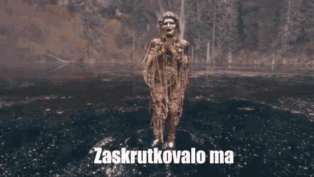 a statue of a woman in a gold dress with the words `` zaskrutkovalo ma '' written on the bottom .