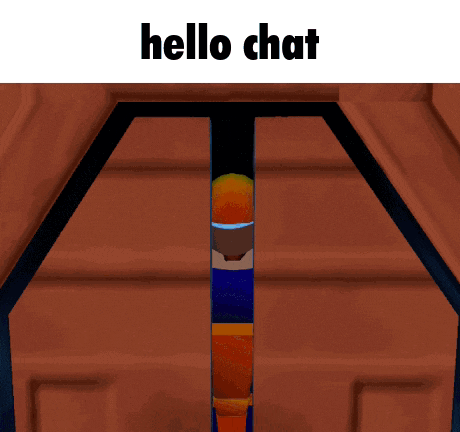 a cartoon character is standing in a doorway with the words hello chat below him