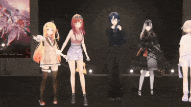 a group of anime characters are standing next to each other on a stage