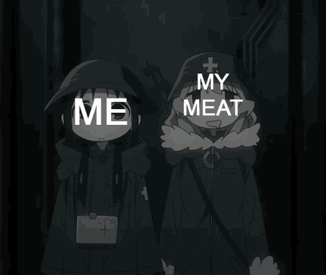 two anime characters standing next to each other with the words " my meat " written on the bottom