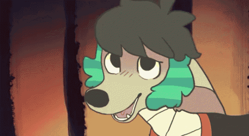 a cartoon drawing of a dog with green stripes on his hair