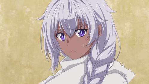 a girl with white hair and purple eyes is wearing a white scarf around her neck