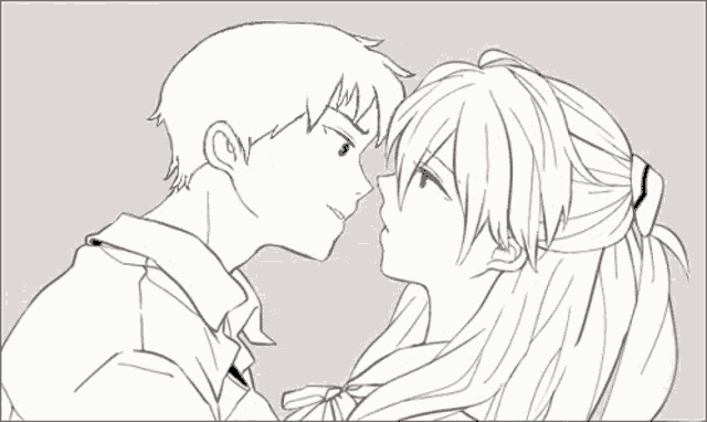 a black and white drawing of a boy and a girl looking at each other
