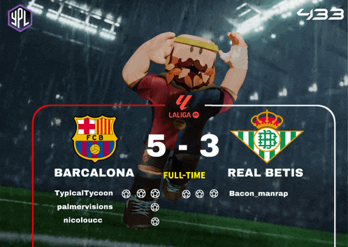 a soccer game between barcelona and real betis has a score of 5 to 3