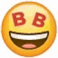 a yellow smiley face with red letters b and b on it 's eyes .