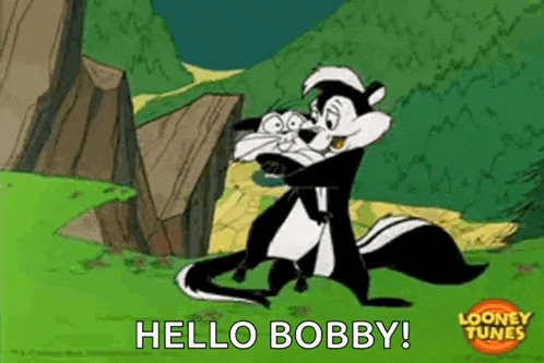a cartoon skunk is holding a baby skunk in his arms .