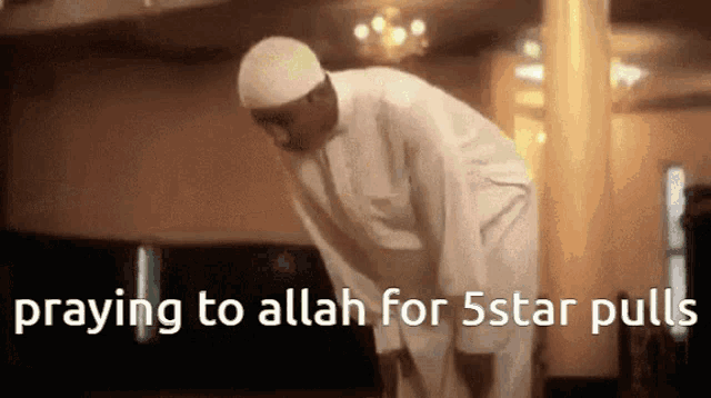a man in a white hat is praying to allah for 5 star pulls