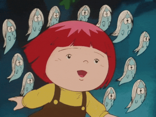 a girl with red hair is surrounded by ghosts