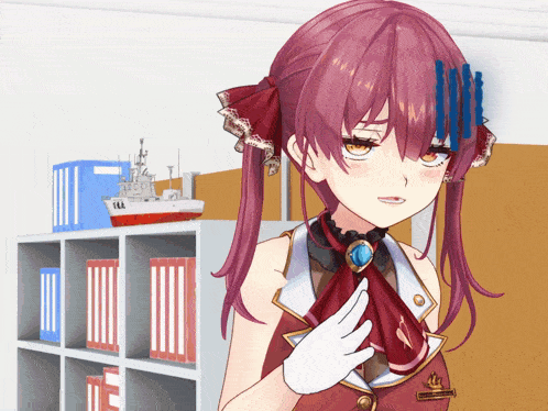 a girl with red hair is standing in front of a shelf with books and a model ship in the background