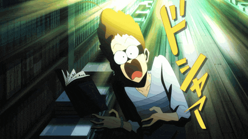 a cartoon of a man reading a book with a shocked expression on his face