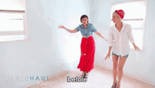 a woman in a red skirt is standing next to a woman laying on the floor with the words before written on the bottom