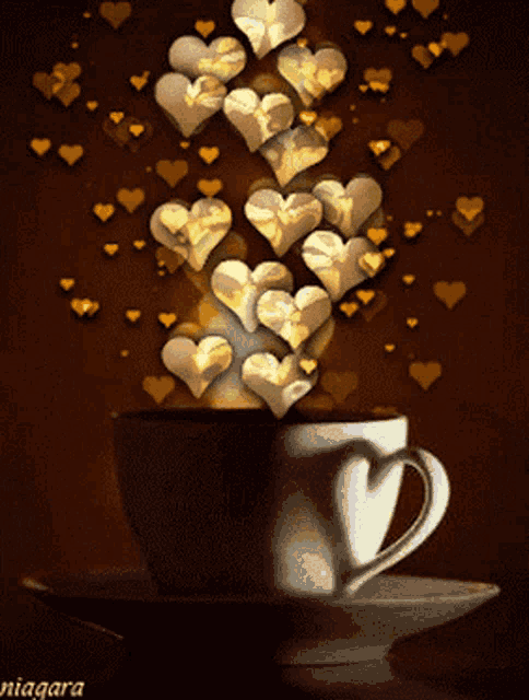 a cup of coffee with hearts coming out of it and the words niagara on the bottom