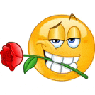 a smiley face is smiling and holding a red rose in its mouth .
