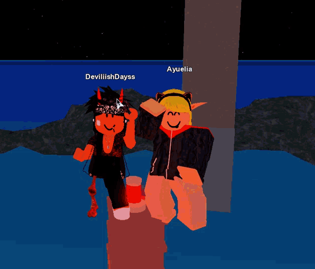 devillishdayss and ayuelia are standing next to each other in a game