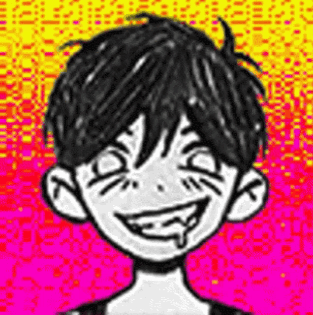 a black and white drawing of a boy making a funny face .