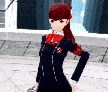 a girl with red hair is wearing a black uniform with a red badge on the arm