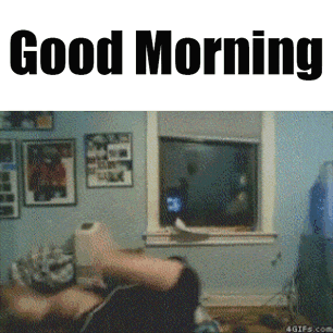 a gif of a person laying on a bed with the words " good morning " above them