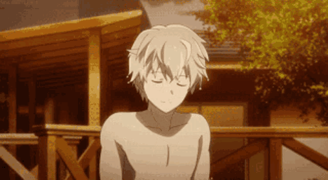 a shirtless anime character sitting on a wooden deck with his eyes closed
