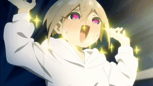 a girl with pink eyes and a white shirt is making a funny face