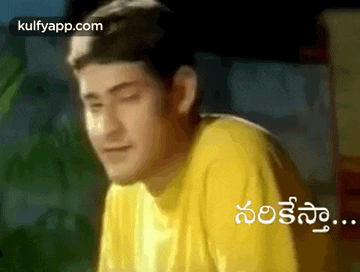 a man in a yellow shirt is making a funny face in a cartoon .