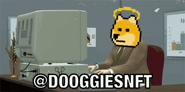 a cartoon of a man sitting in front of a computer with the words " @dooggiesnft " on the bottom