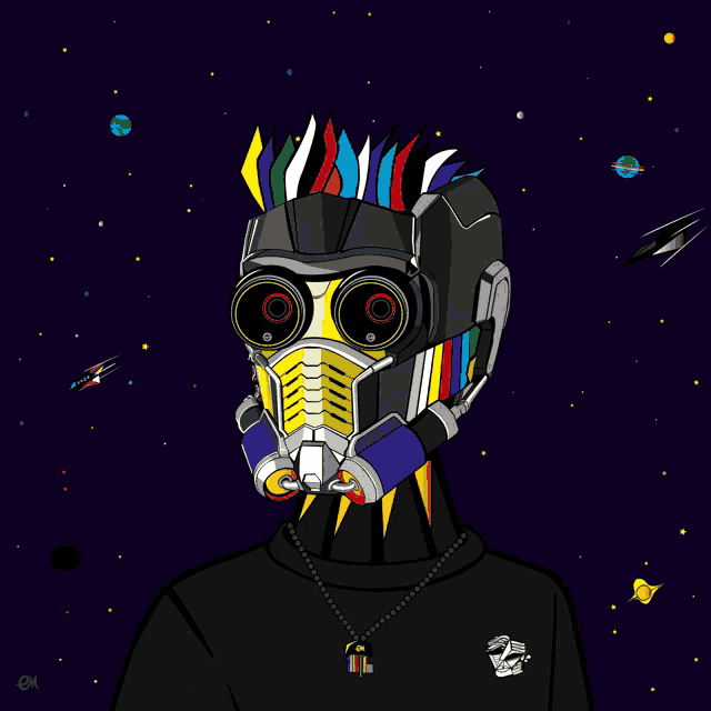 a drawing of a man wearing a helmet and a necklace with the word om on the bottom right