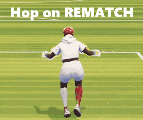 a soccer player is jumping on a field with the words hop on rematch behind him