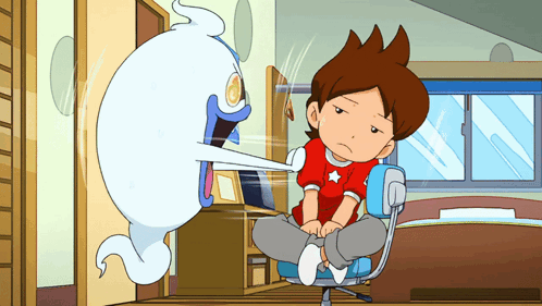 a cartoon of a boy sitting in a chair with a white ghost behind him