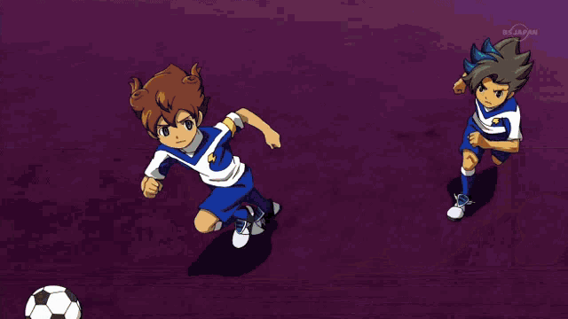 a cartoon of two soccer players with a purple background that says bs japan on it