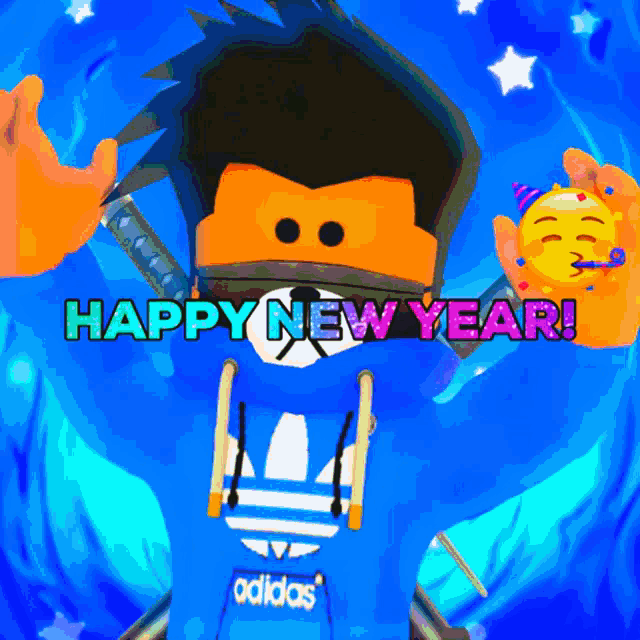 a happy new year greeting with a person wearing a blue adidas hoodie