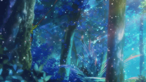 a painting of a forest with trees and plants in the background