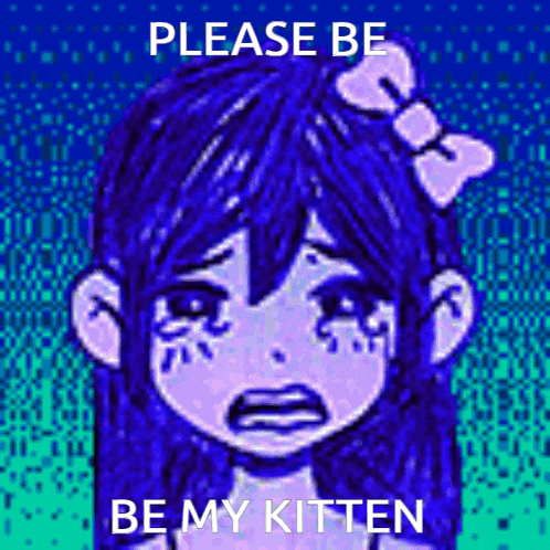 a girl with blue hair and a bow on her head is crying and says please be be my kitten