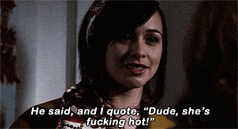 a woman in a scarf says he said and i quote dude she 's fucking hot