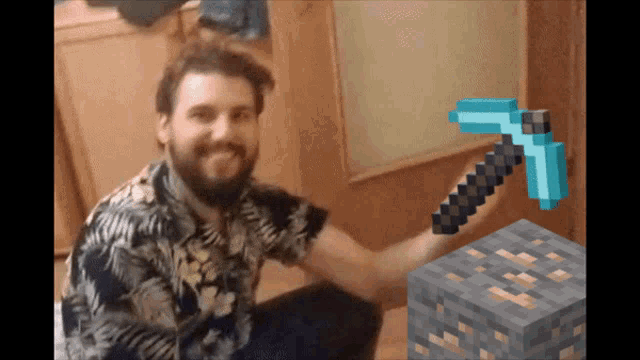 a man in a hawaiian shirt holds a diamond pickaxe