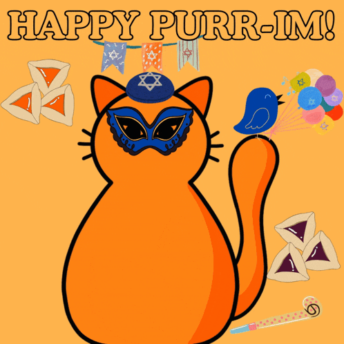an orange cat wearing a mask with the words happy purr-im written above it
