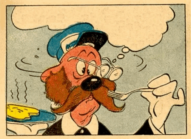 a cartoon drawing of a man with a beard holding a fork in his hand