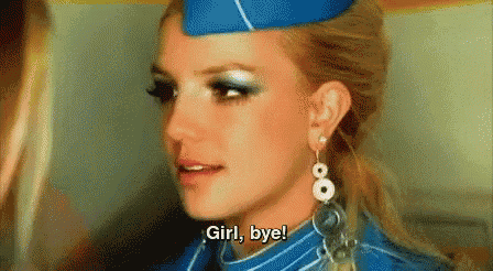 britney spears is wearing a blue hat and earrings and says `` girl , bye ! ''