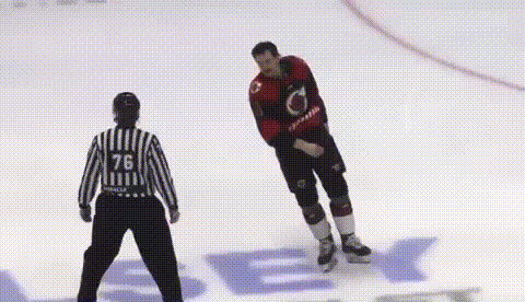 a referee with the number 76 on his back stands next to a hockey player