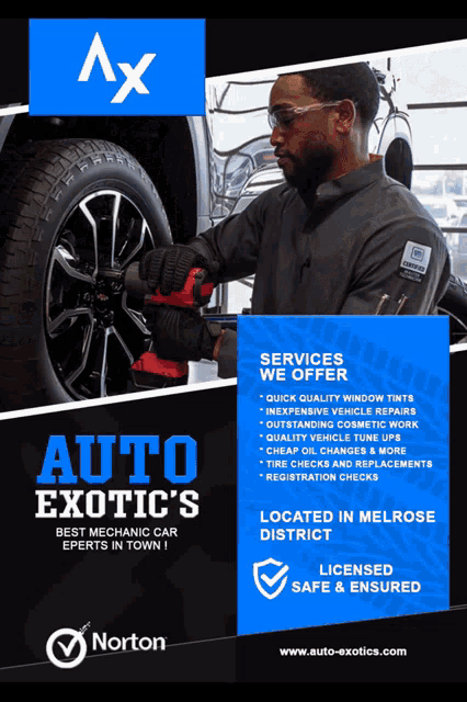 a poster for auto exotics shows a man working on a tire