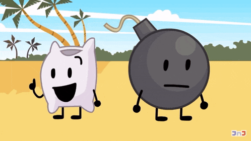 a white pillow and a black bomb are standing next to each other in a cartoon