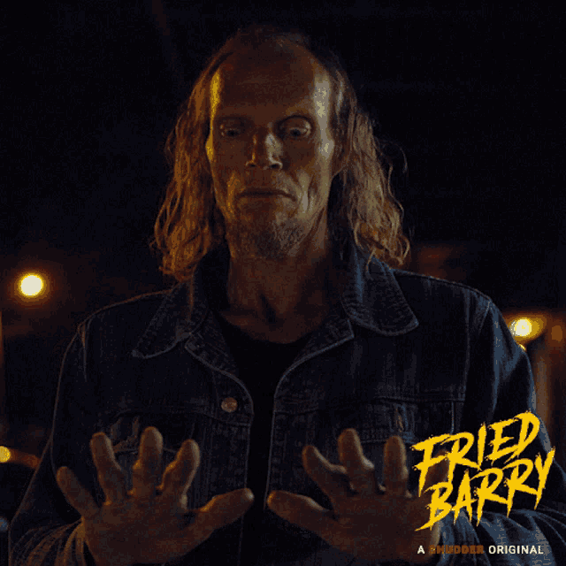 a man in a denim jacket with the words fried barry on the bottom